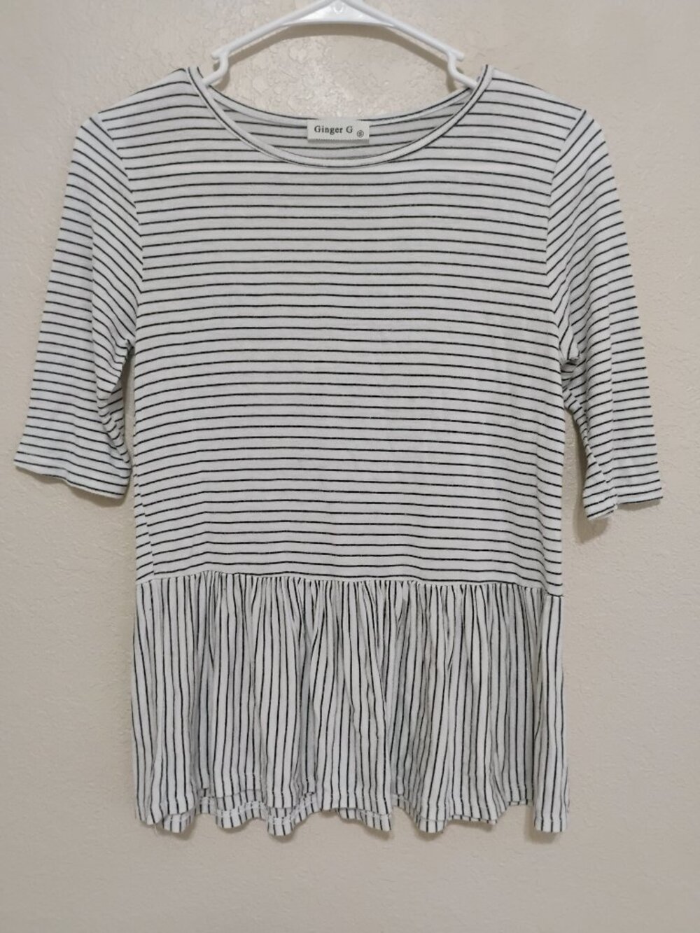 Ginger G S White Black Striped Peplum Top 3/4 Sleeve Stretch